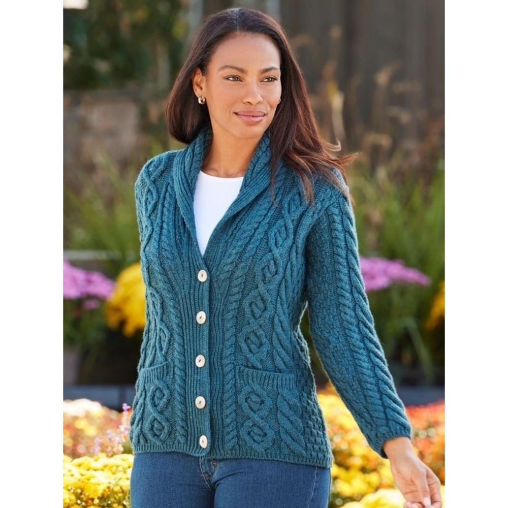 Shannon Woolen Mills Irish Supersoft Wool Shawl Collar Cardigan Teal 2X Cozy